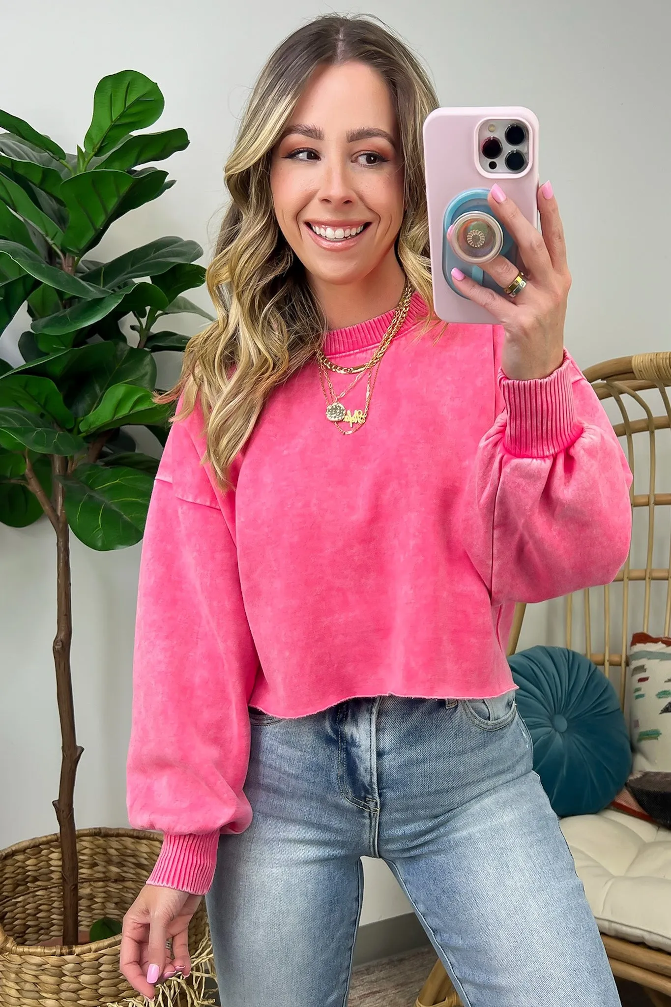 Kerie Acid Wash Fleece Cropped Pullover - FINAL SALE