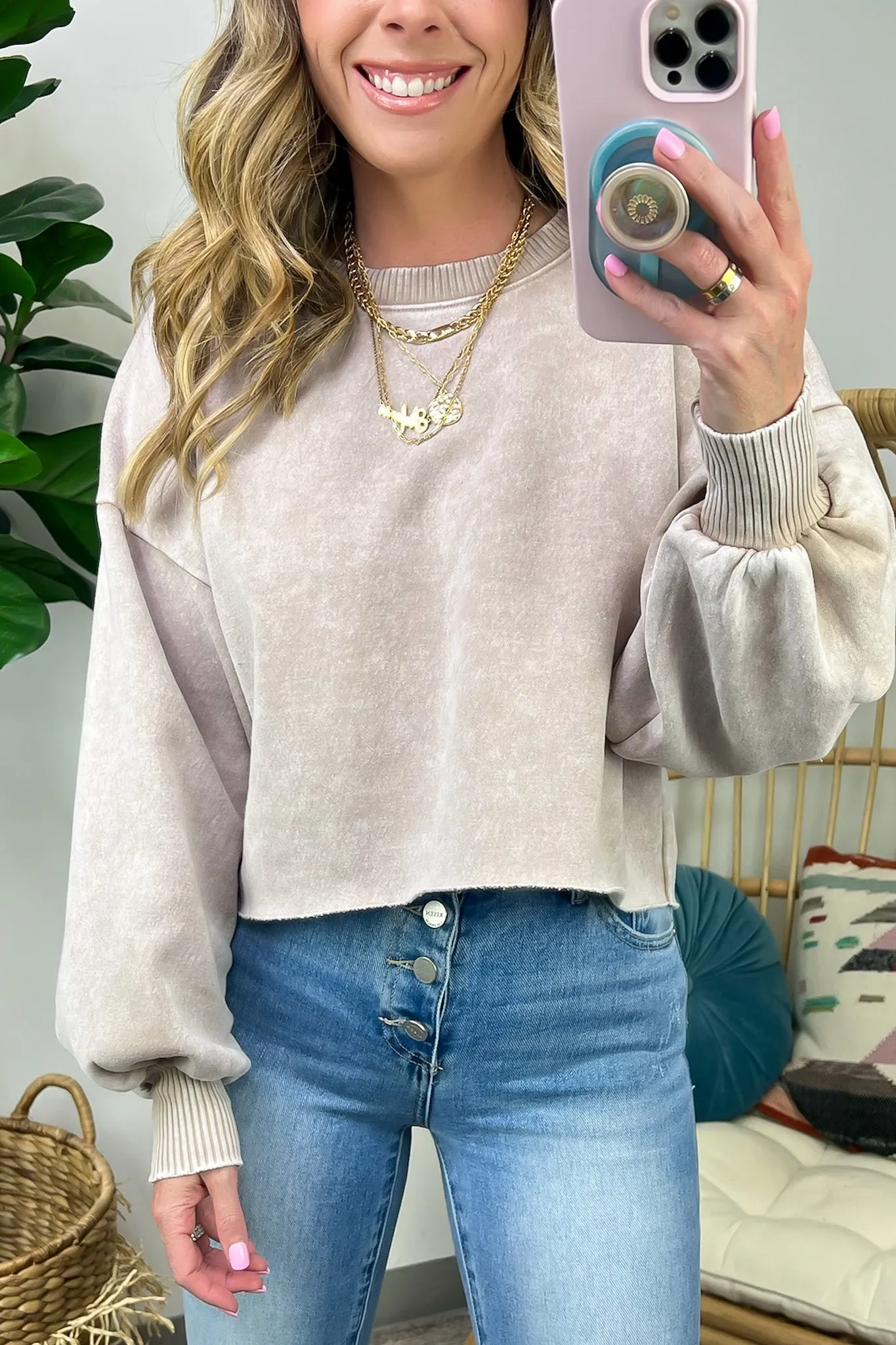 Kerie Acid Wash Fleece Cropped Pullover - FINAL SALE