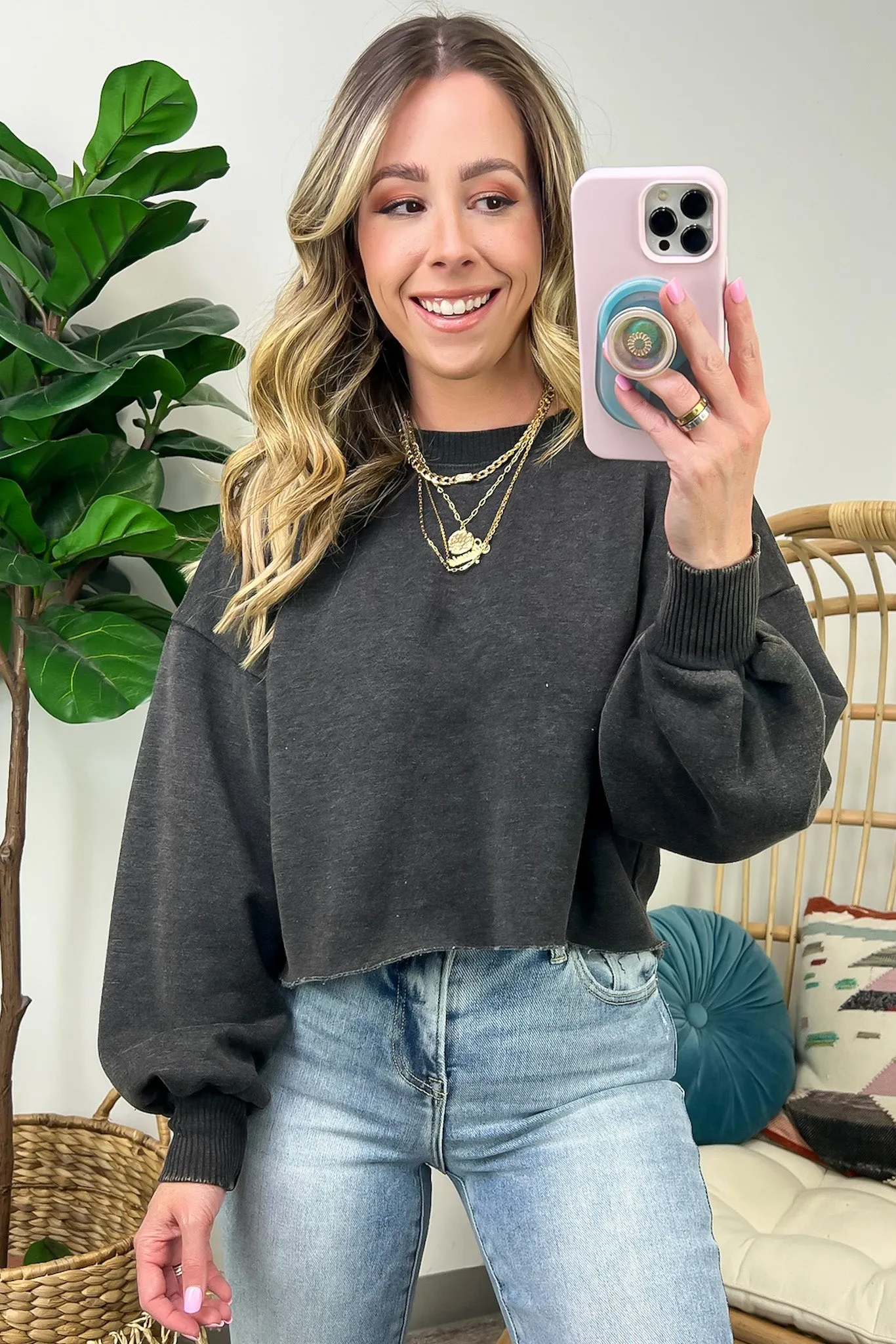Kerie Acid Wash Fleece Cropped Pullover - FINAL SALE