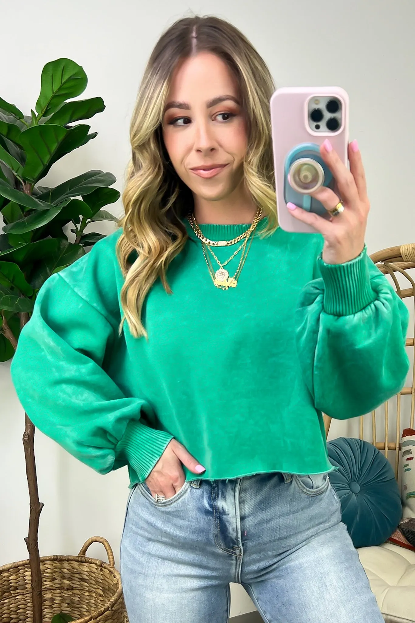 Kerie Acid Wash Fleece Cropped Pullover - FINAL SALE
