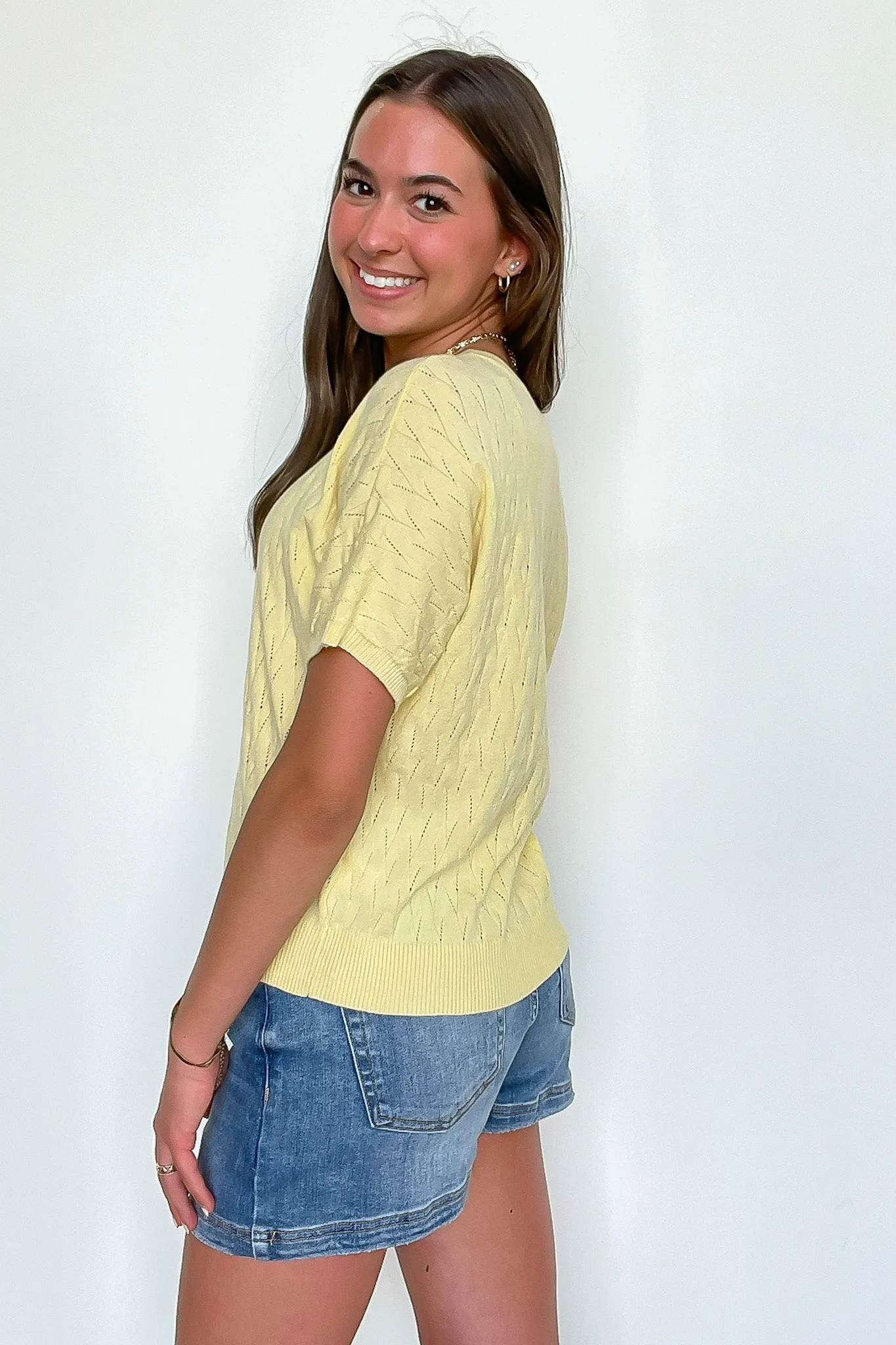 Lemon Drop Pointelle Knit Short Sleeve Top