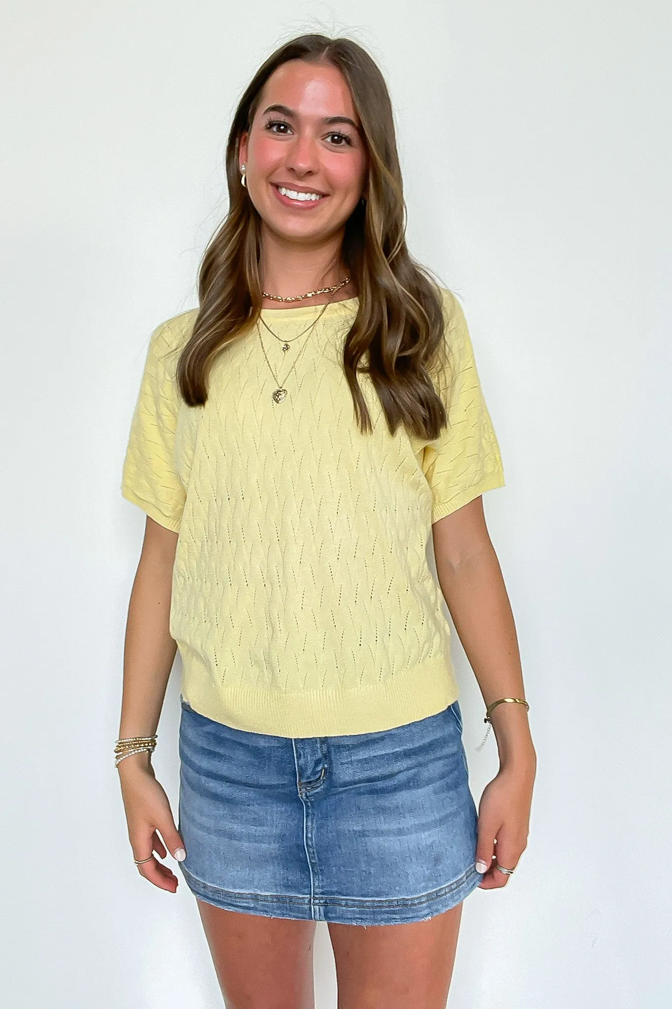 Lemon Drop Pointelle Knit Short Sleeve Top