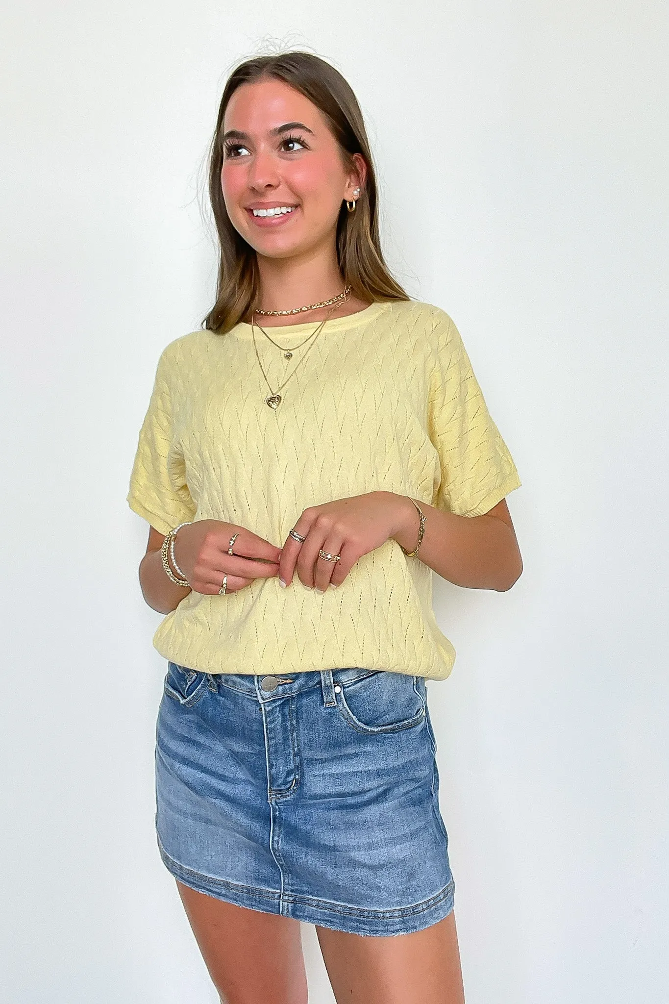 Lemon Drop Pointelle Knit Short Sleeve Top