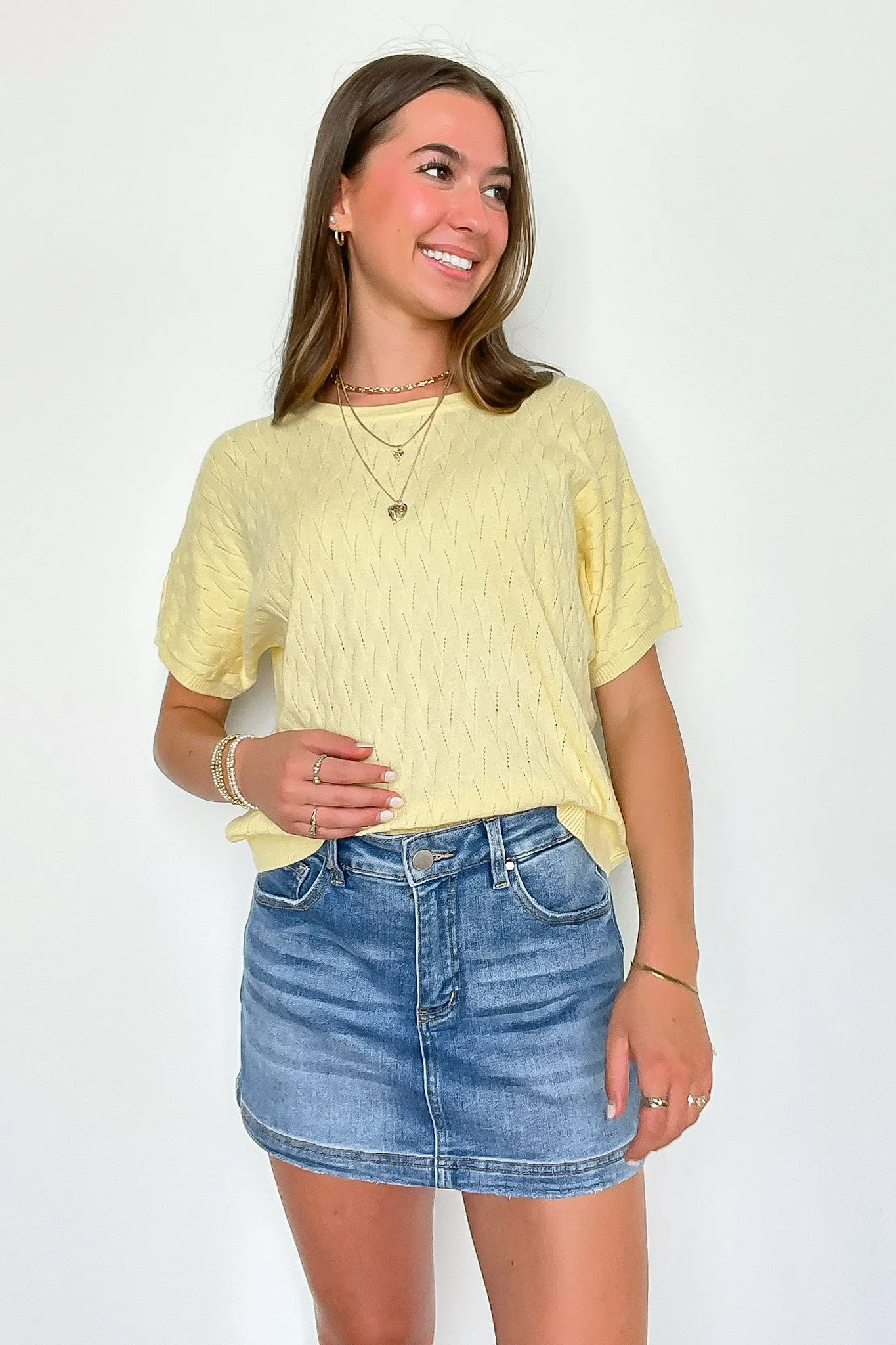 Lemon Drop Pointelle Knit Short Sleeve Top
