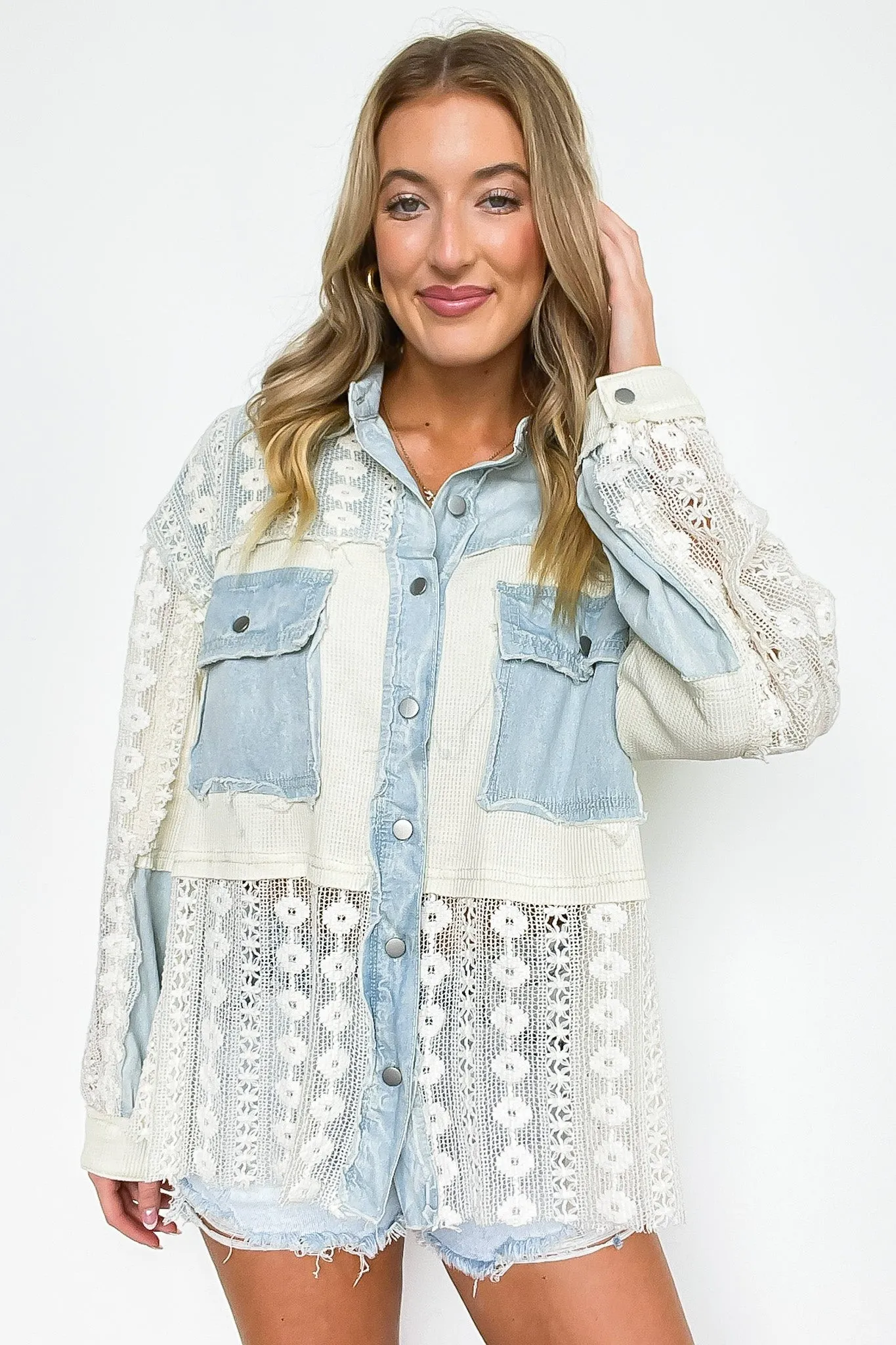 Lettie Crochet and Denim Button Down Top