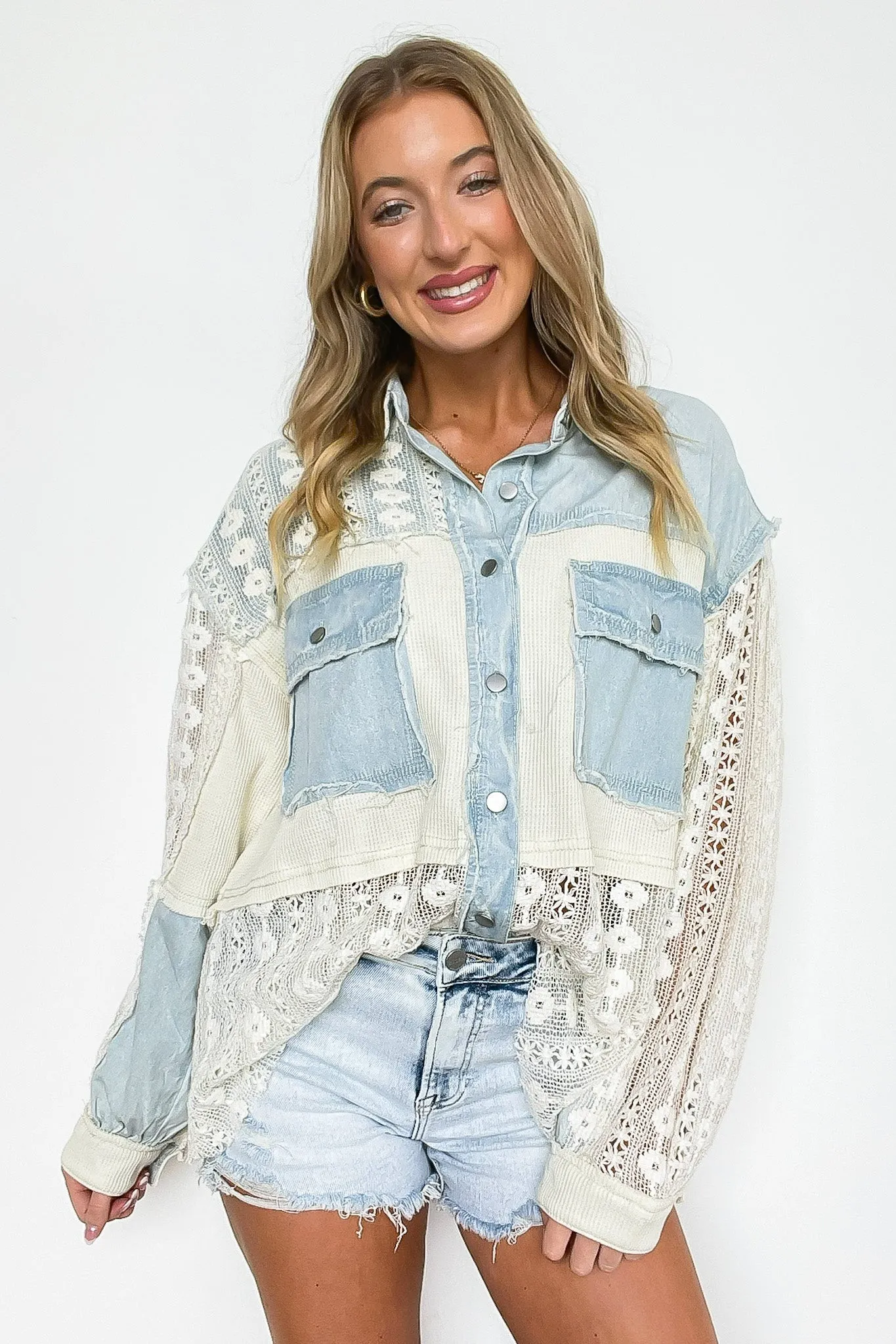 Lettie Crochet and Denim Button Down Top