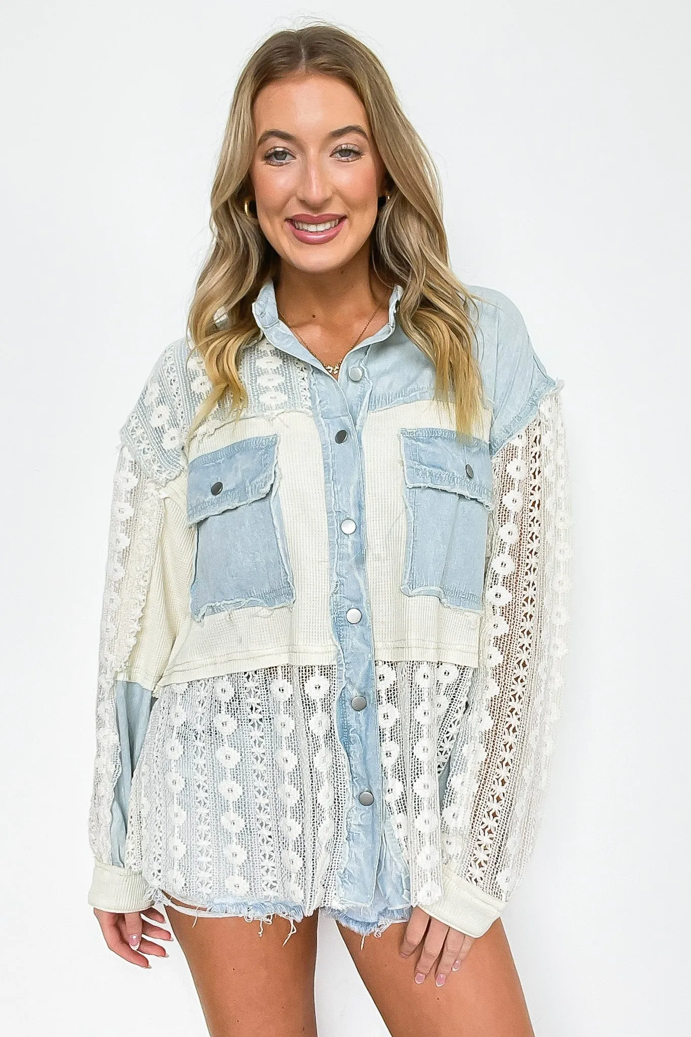 Lettie Crochet and Denim Button Down Top