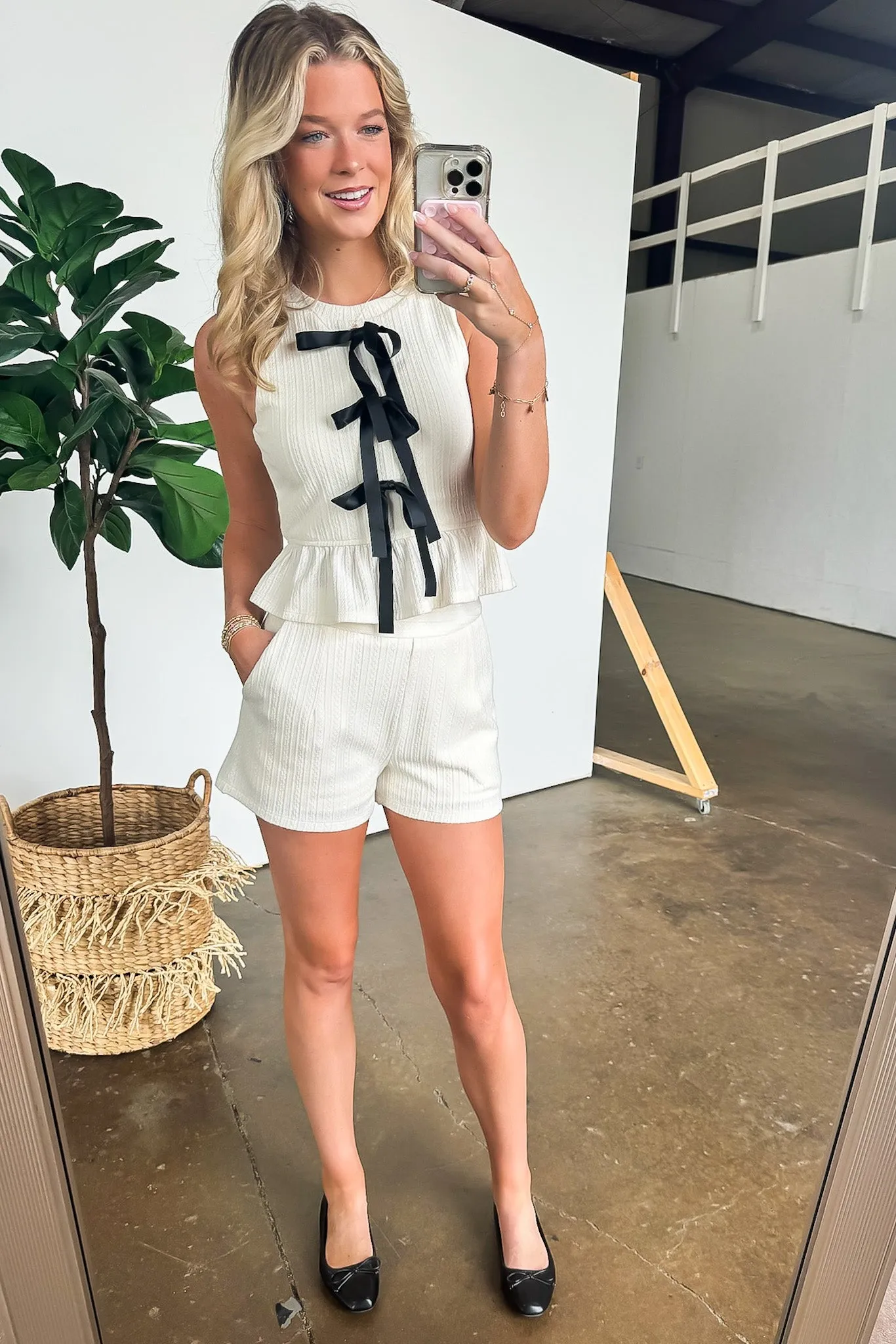 Lilia Patterned Front Bow Detail Knit Sleeveless Top