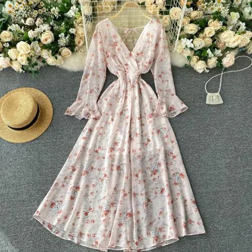 Long Sleeve V Neck Backless Long Dress Anna Kay Co