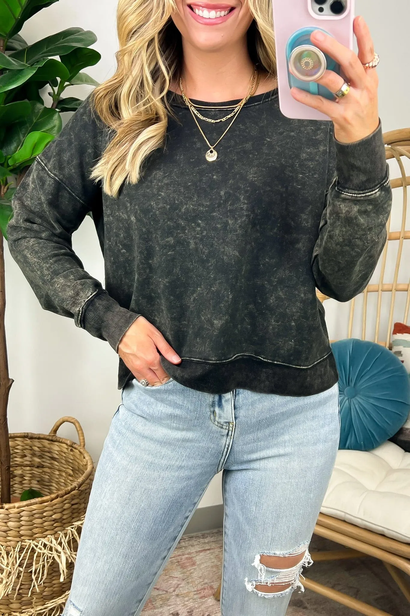Louetta Acid Wash Boat Neck Pullover - FINAL SALE