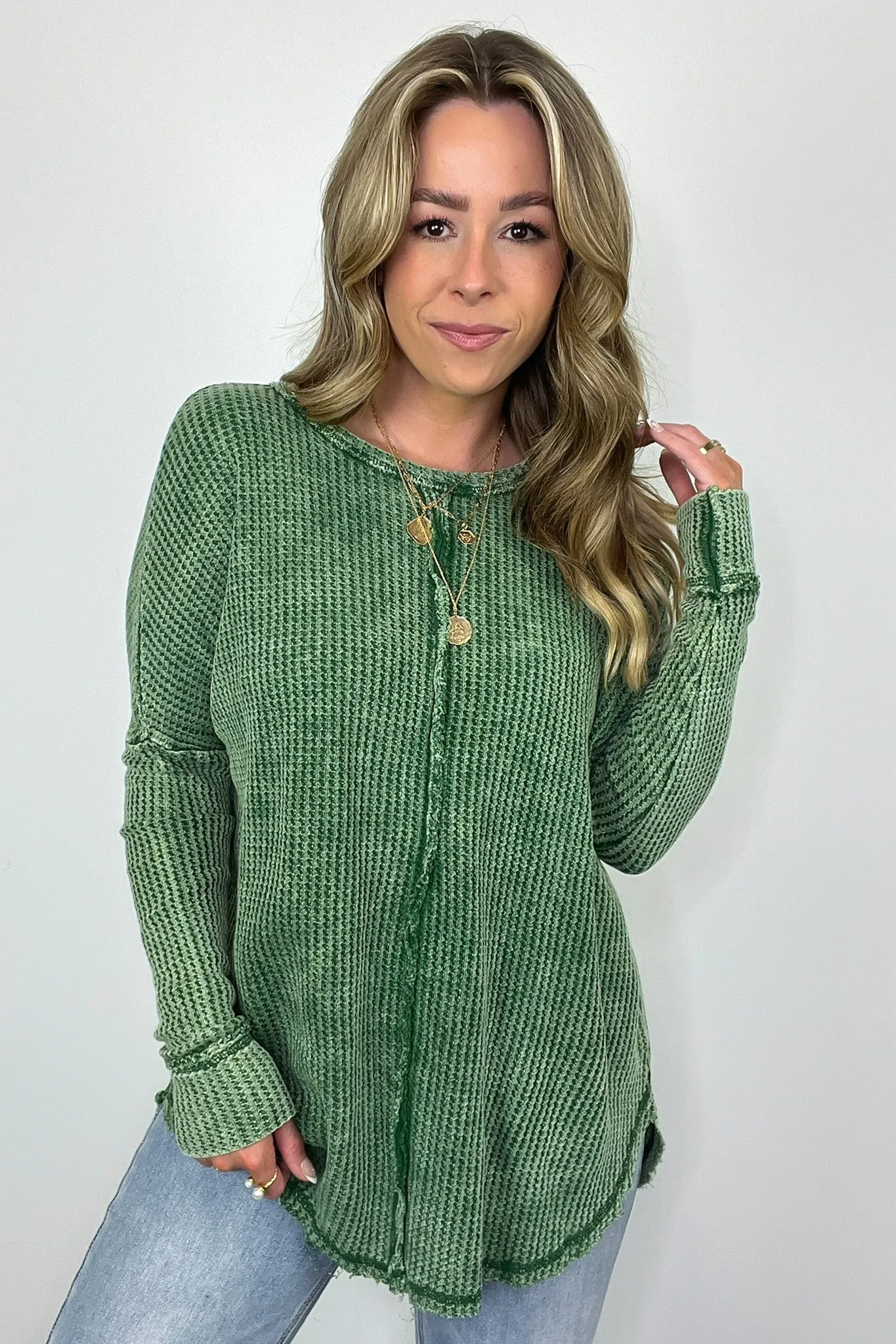 Marbella Mineral Washed Waffle Knit Long Sleeve Top - BACK IN STOCK