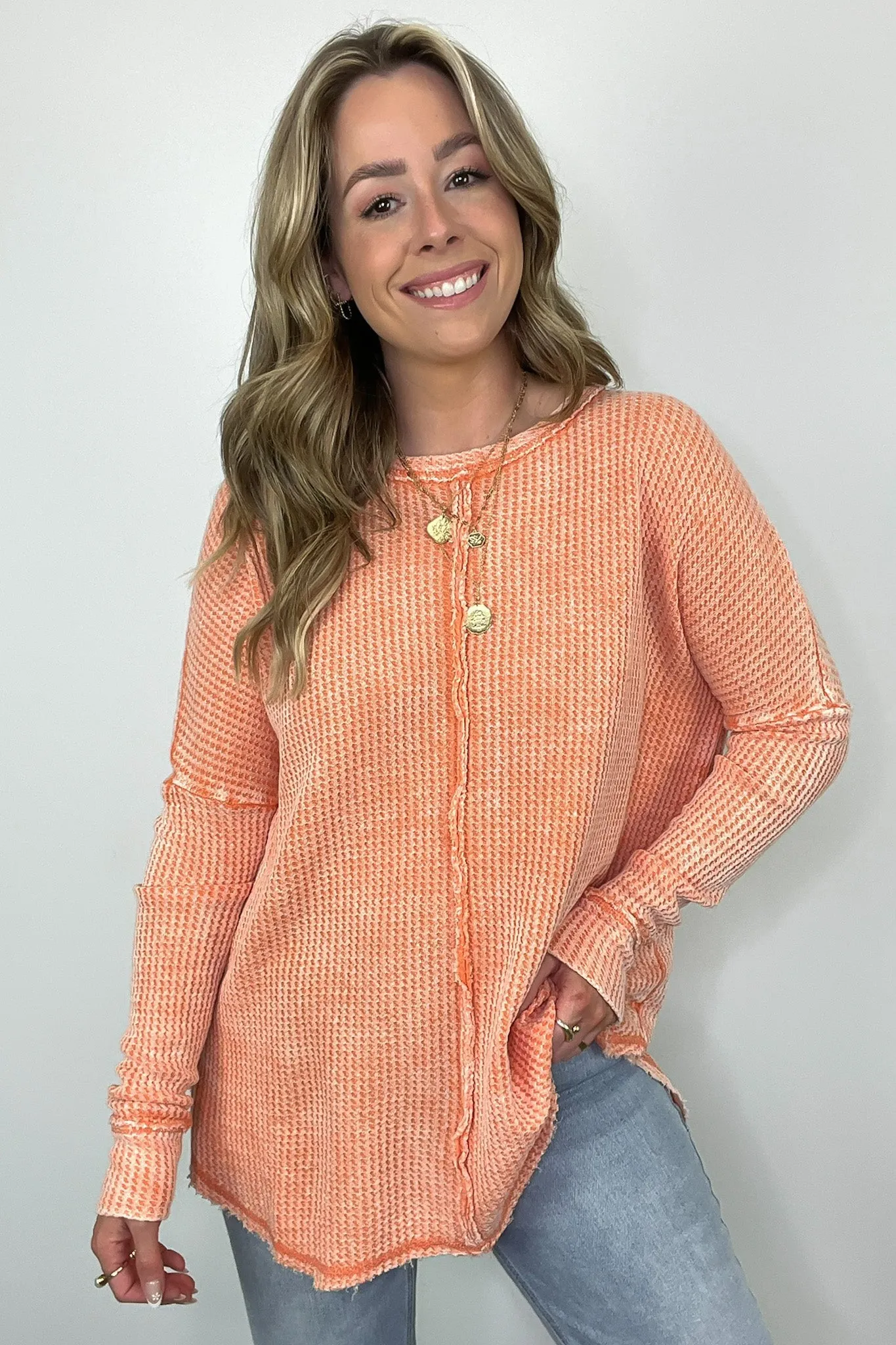 Marbella Mineral Washed Waffle Knit Long Sleeve Top - BACK IN STOCK