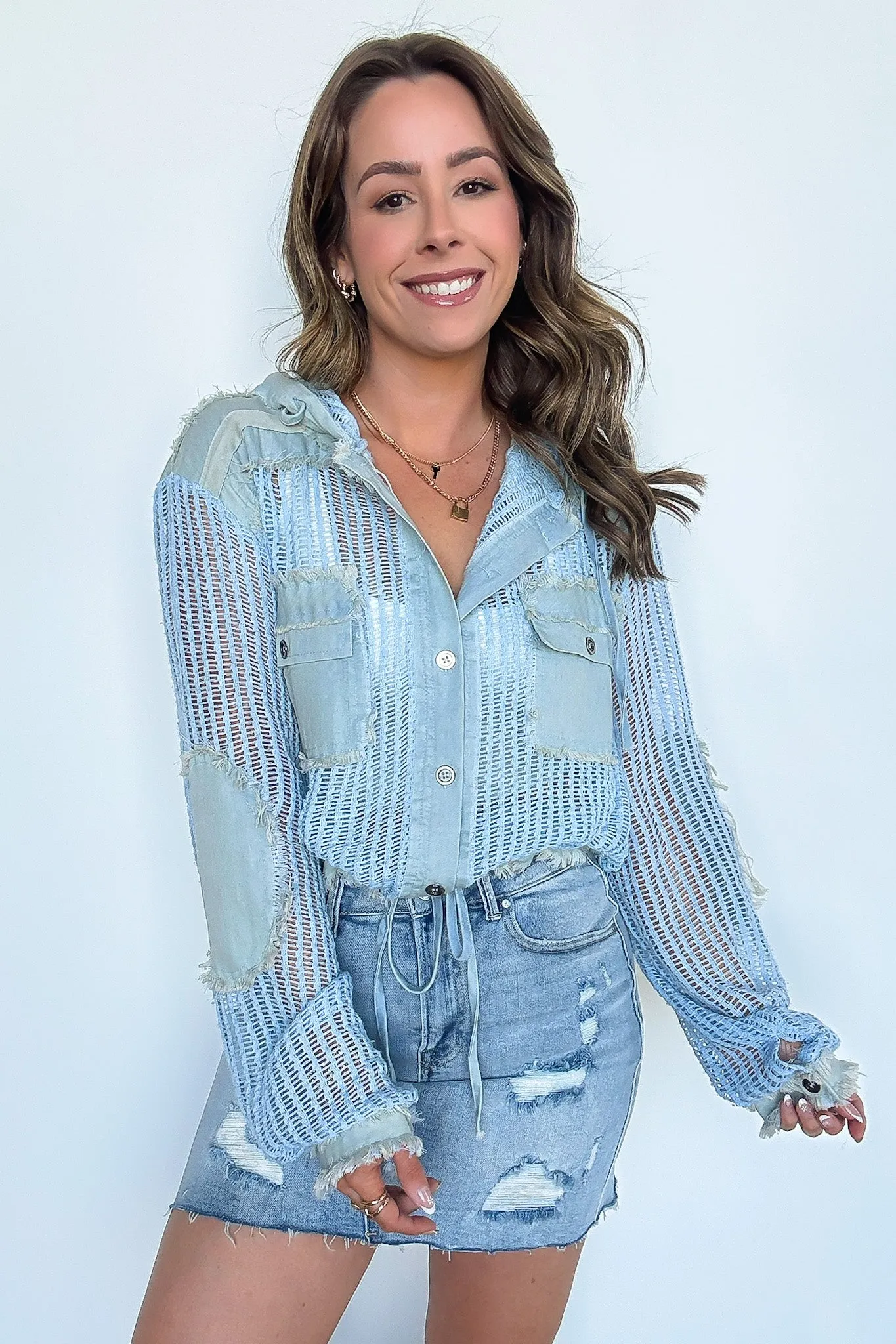 Millie Open Knit Drawstring Hem Button Down Top