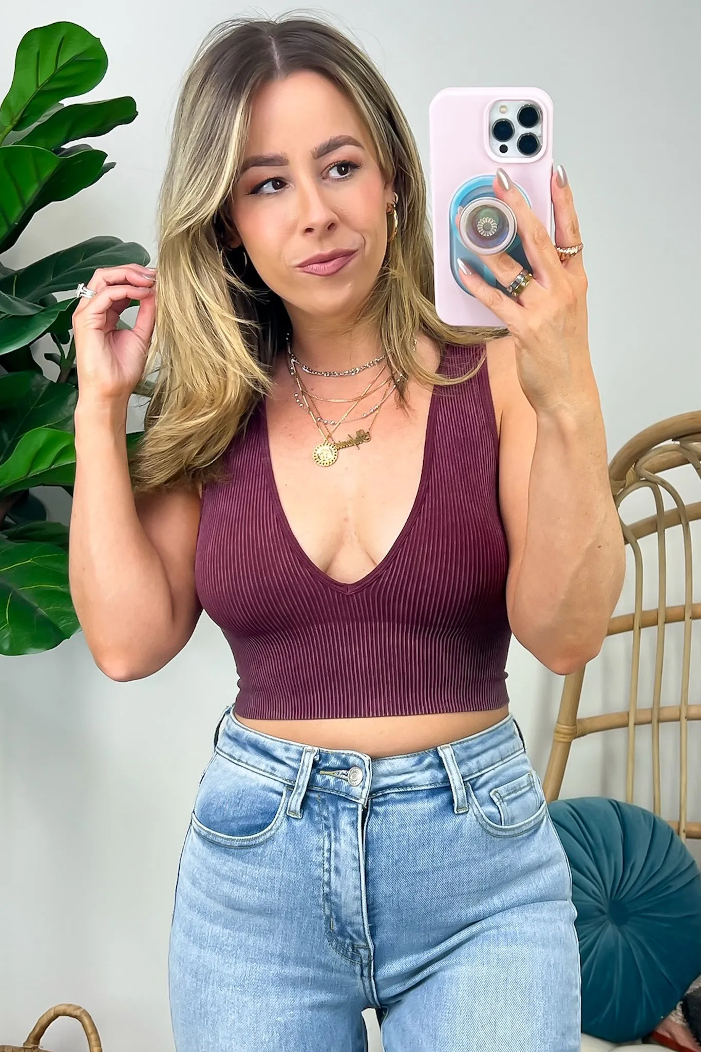 Nayomi Mineral Wash V-Neck Seamless Bra Top