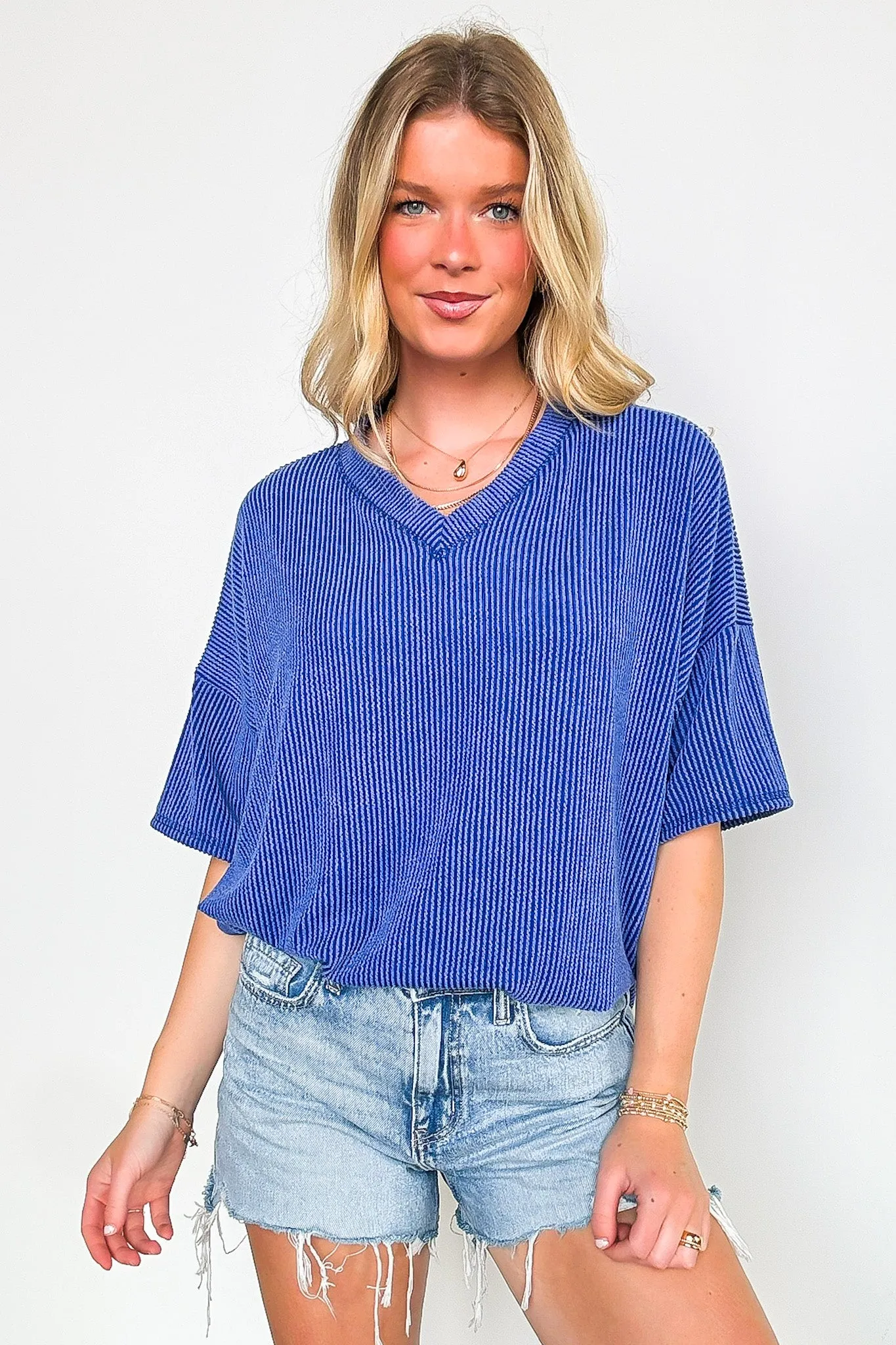 Off the Clock V-Neck Rib Knit Short Sleeve Top