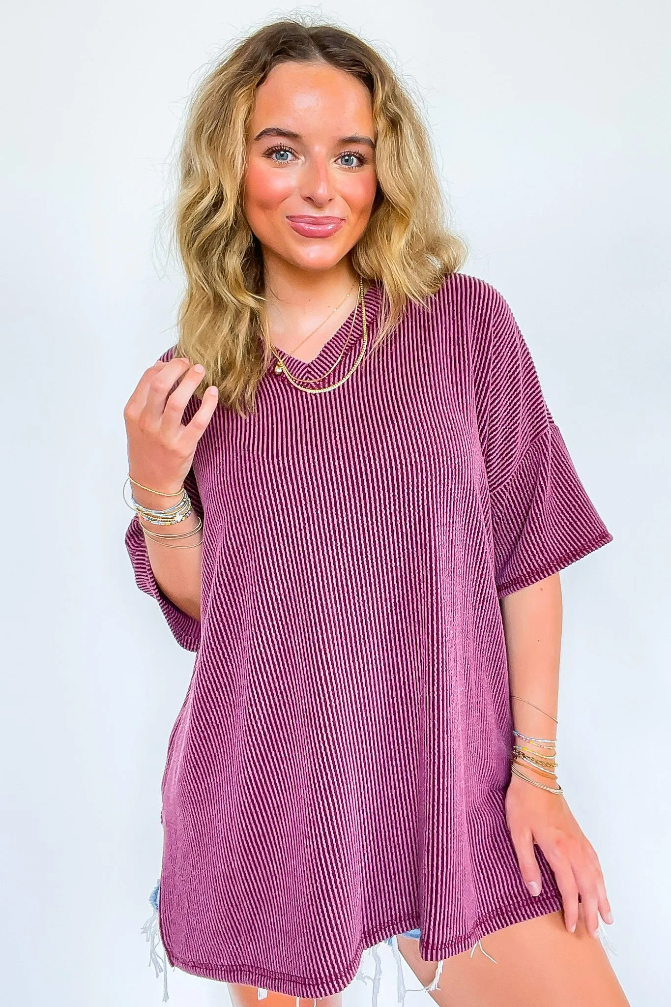 Off the Clock V-Neck Rib Knit Short Sleeve Top