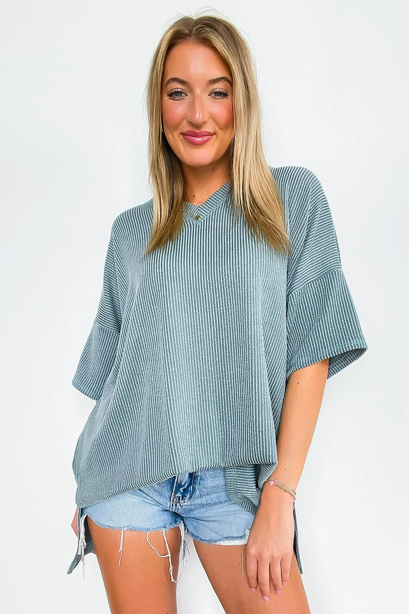 Off the Clock V-Neck Rib Knit Short Sleeve Top