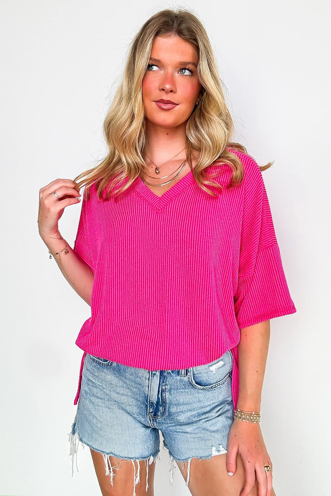 Off the Clock V-Neck Rib Knit Short Sleeve Top