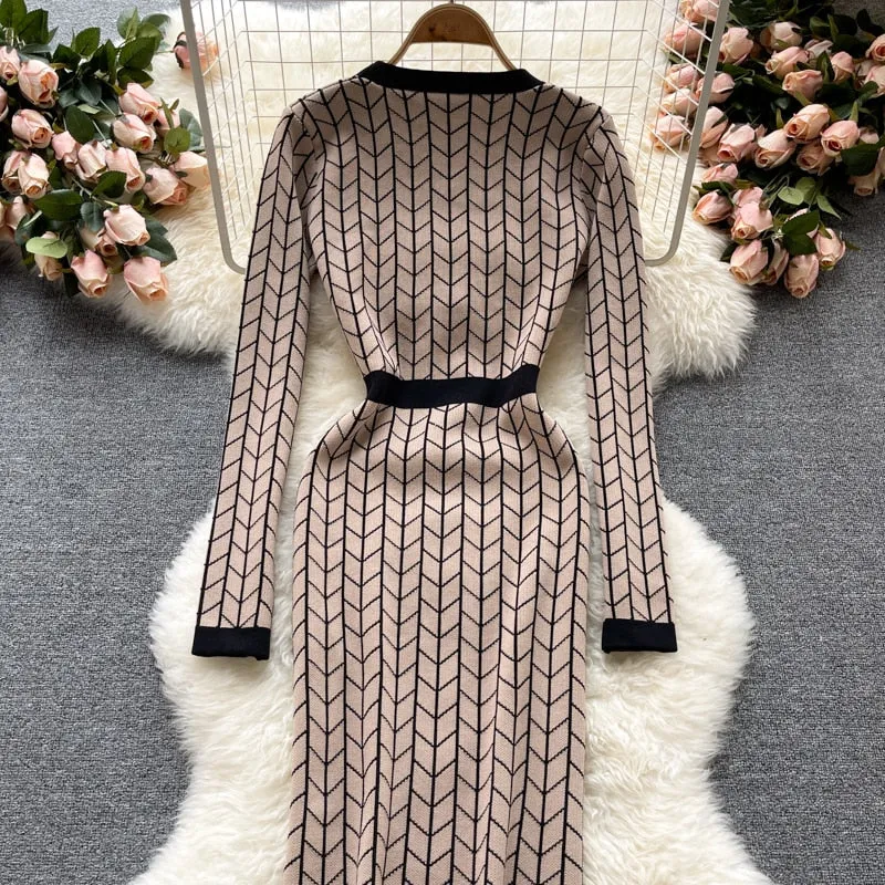 Plaid Knitted Long Sleeve Sweater Dress Anna Kay Co