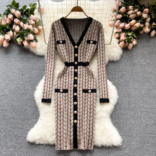 Plaid Knitted Long Sleeve Sweater Dress Anna Kay Co