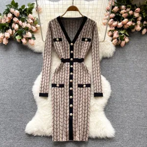 Plaid Knitted Long Sleeve Sweater Dress Anna Kay Co