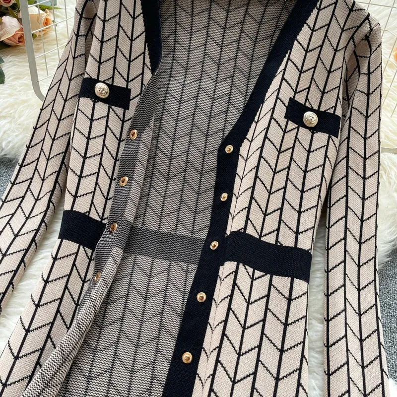Plaid Knitted Long Sleeve Sweater Dress Anna Kay Co