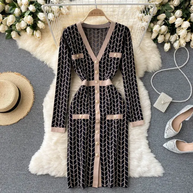 Plaid Knitted Long Sleeve Sweater Dress Anna Kay Co