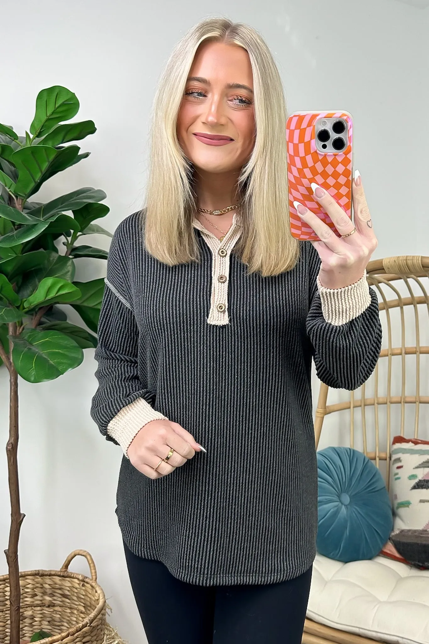 Preslie Rib Knit Button Henley Top - FINAL SALE