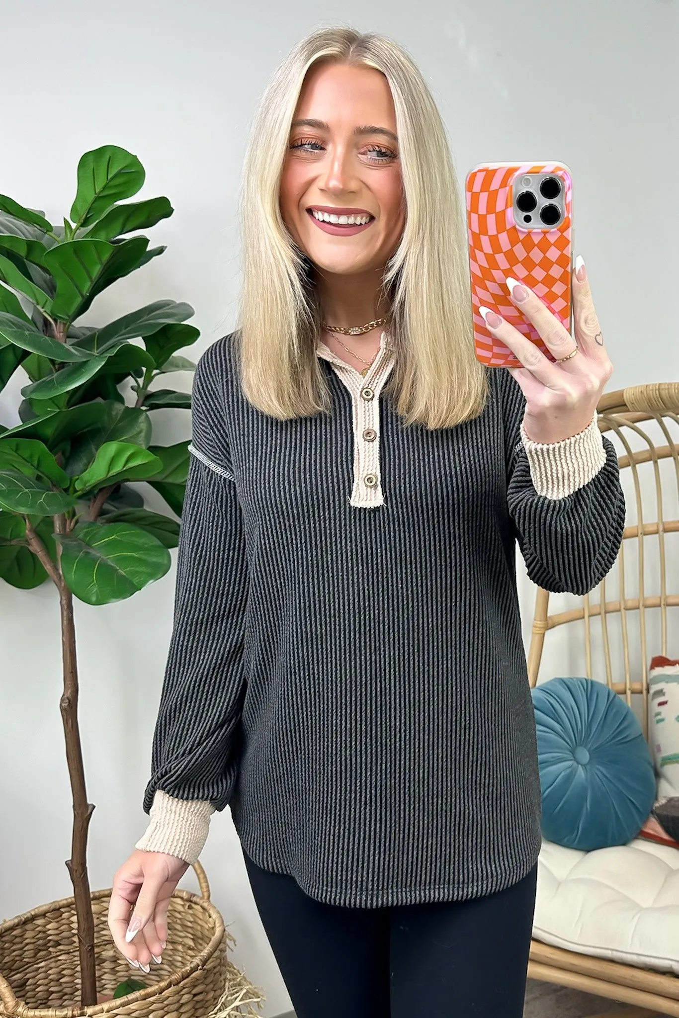 Preslie Rib Knit Button Henley Top - FINAL SALE