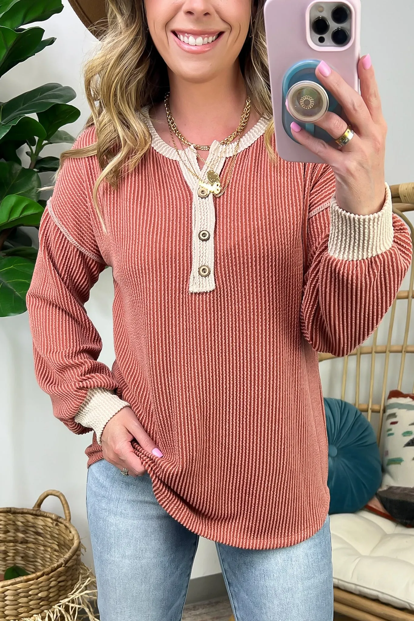 Preslie Rib Knit Button Henley Top - FINAL SALE