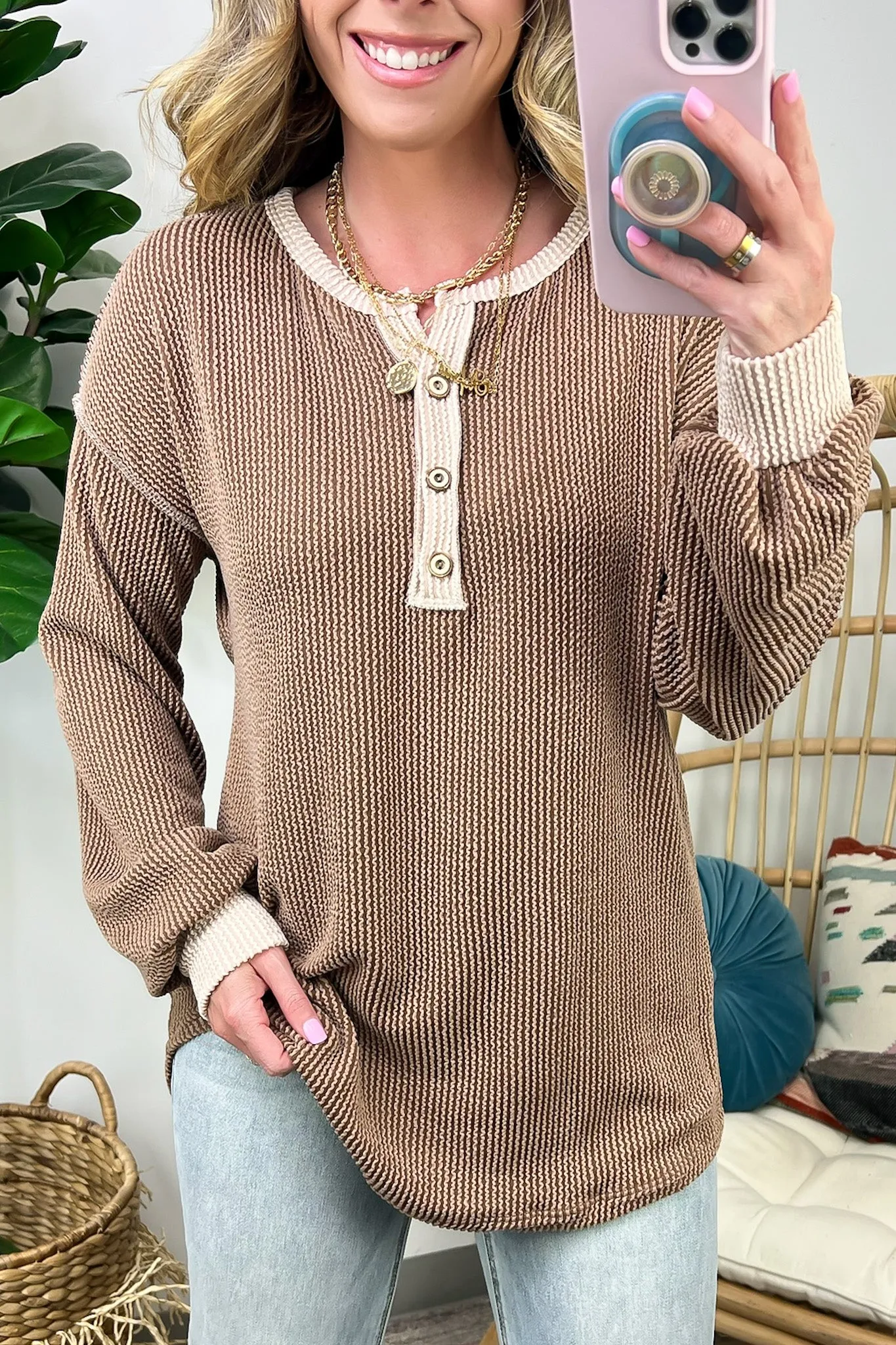 Preslie Rib Knit Button Henley Top - FINAL SALE