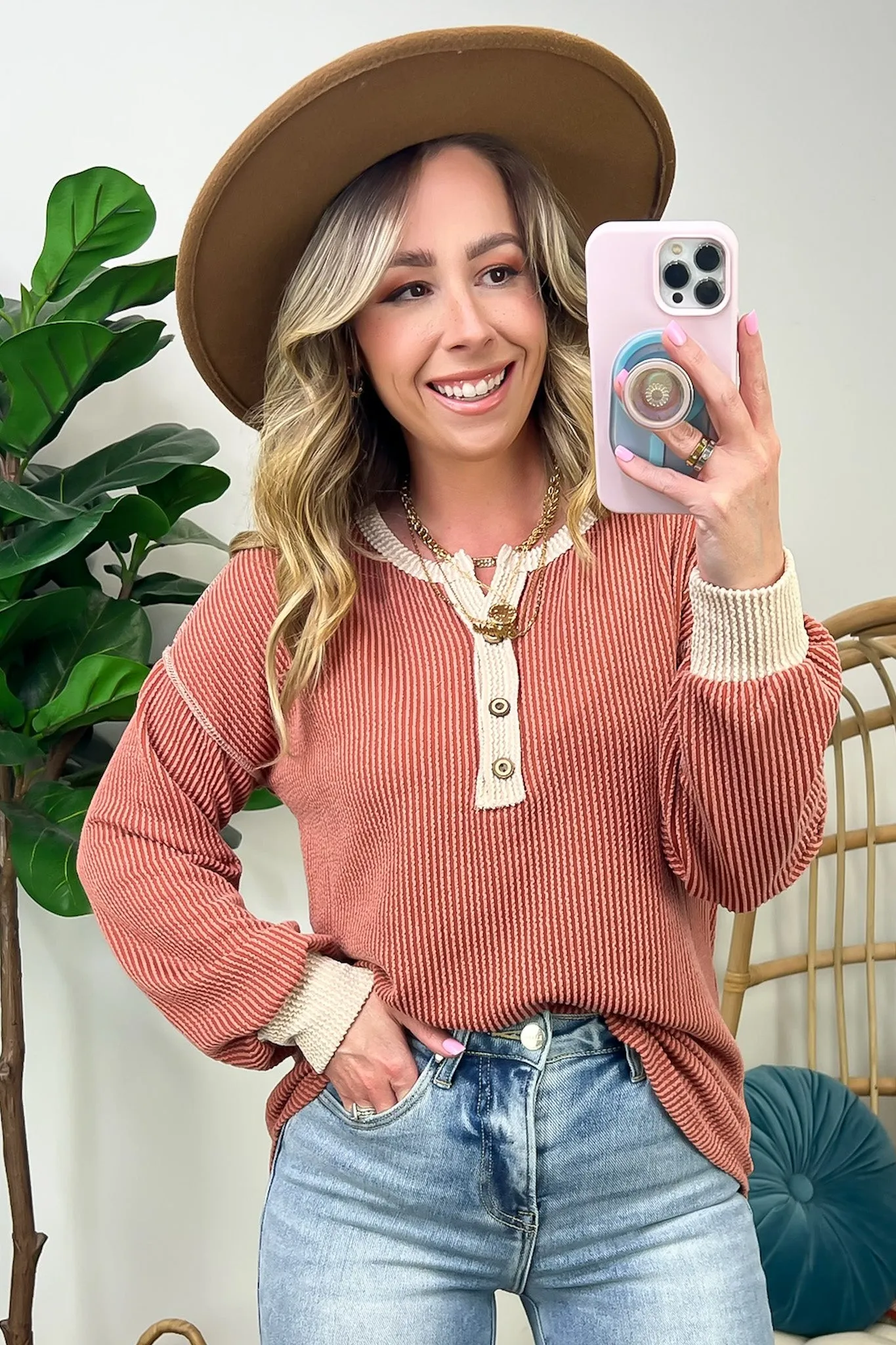 Preslie Rib Knit Button Henley Top - FINAL SALE