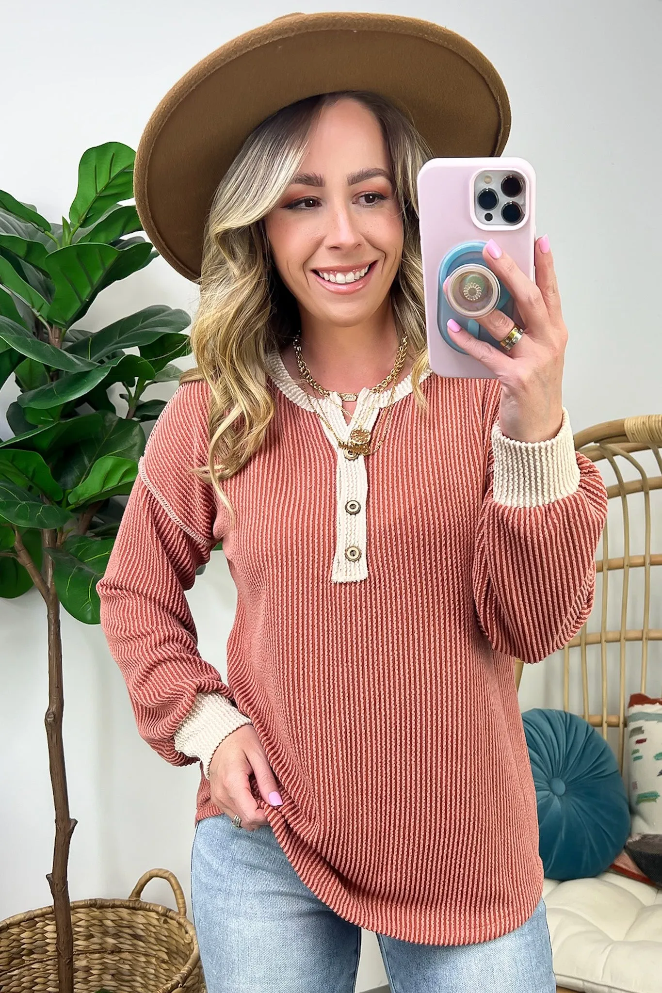 Preslie Rib Knit Button Henley Top - FINAL SALE