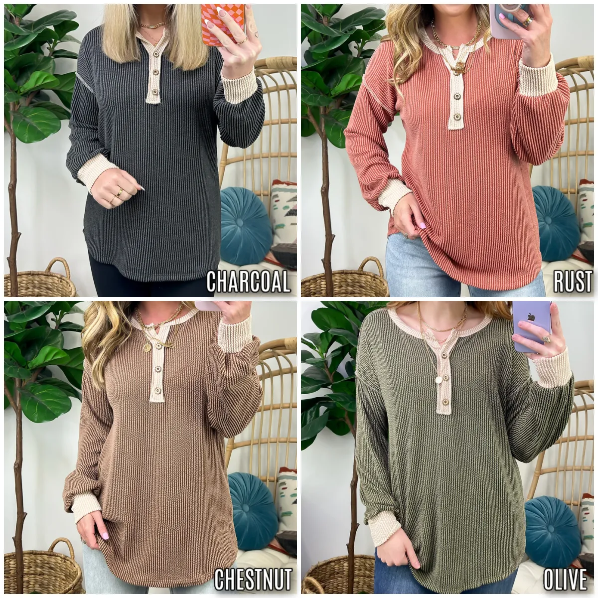 Preslie Rib Knit Button Henley Top - FINAL SALE