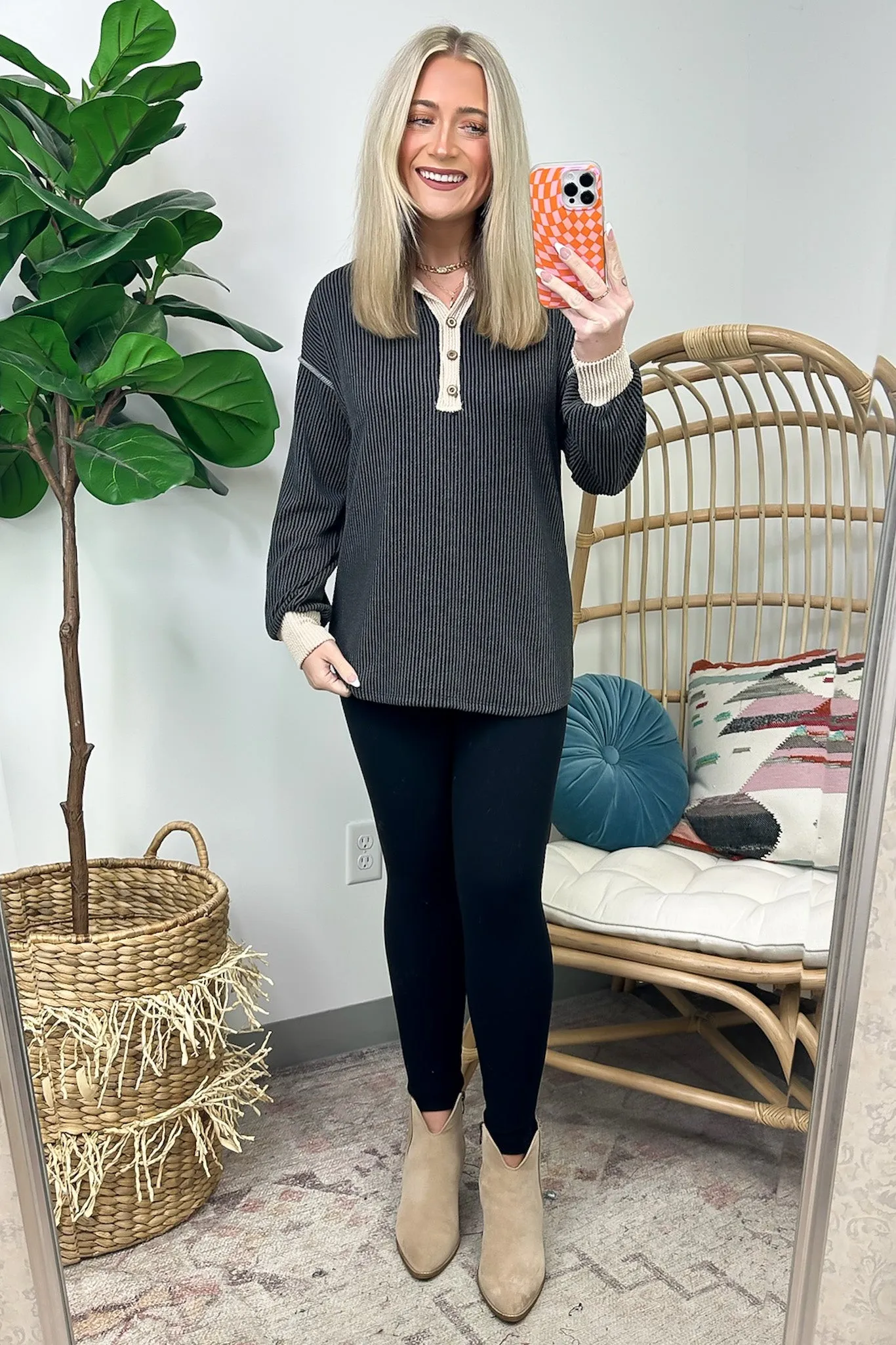 Preslie Rib Knit Button Henley Top - FINAL SALE
