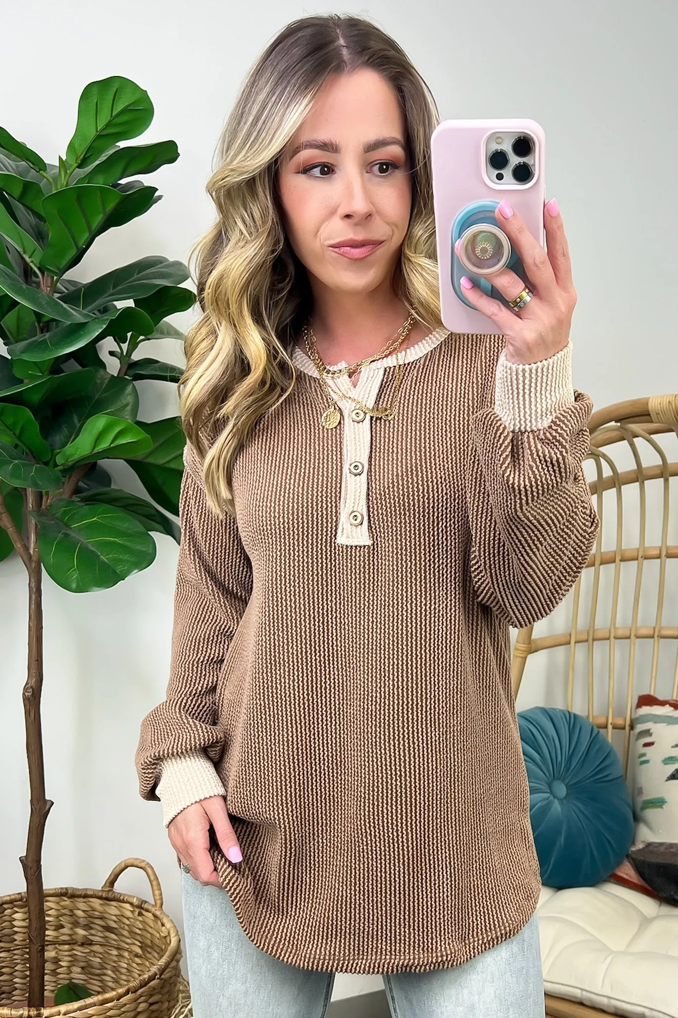 Preslie Rib Knit Button Henley Top - FINAL SALE