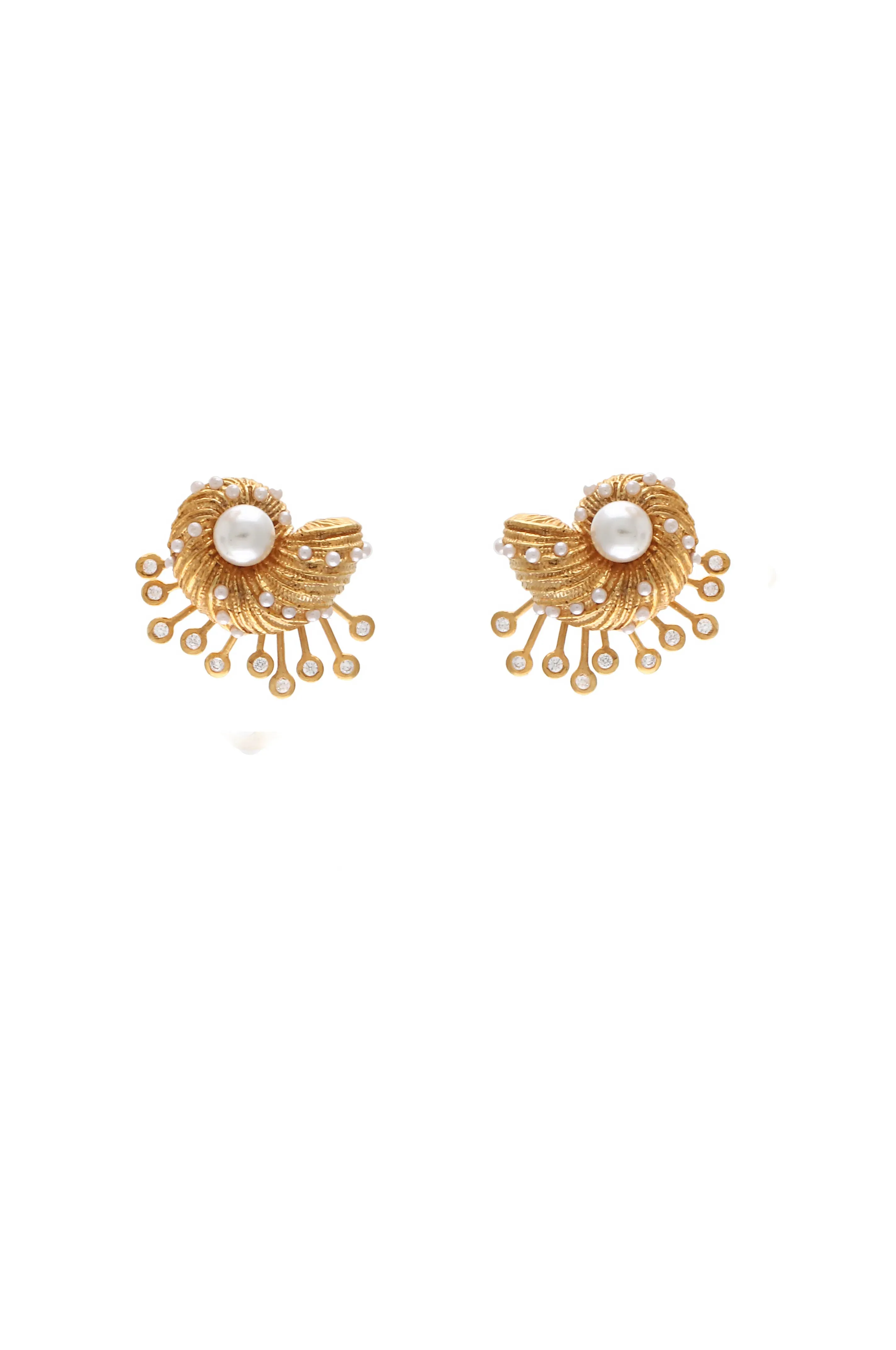 Seashell Stud Earrings With White Pearls And Stones in Gold
