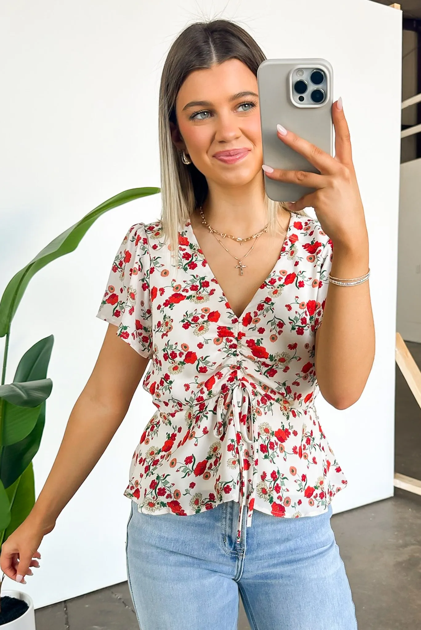 Season of Blooms V-Neck Ruched Floral Top - FINAL SALE