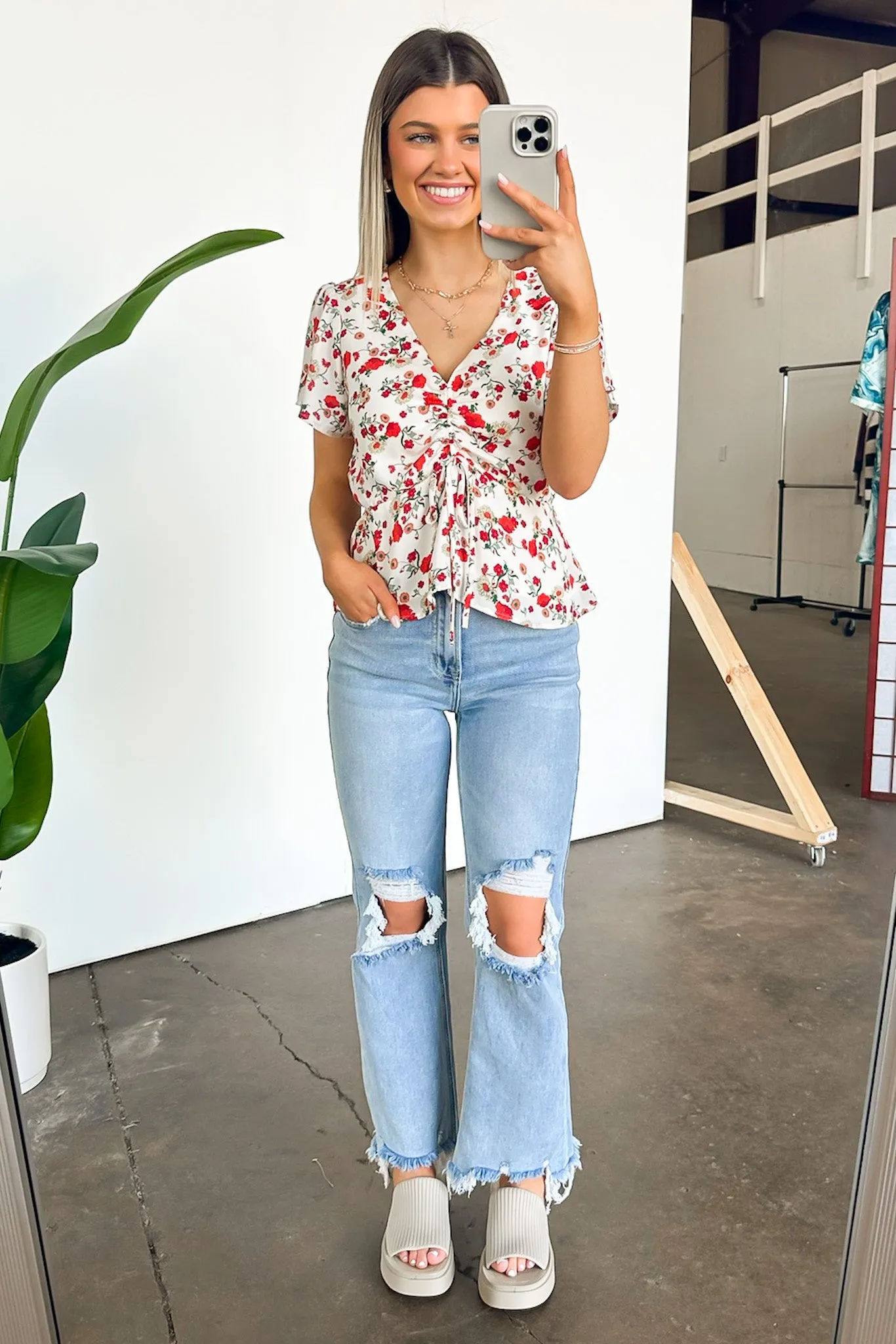 Season of Blooms V-Neck Ruched Floral Top - FINAL SALE
