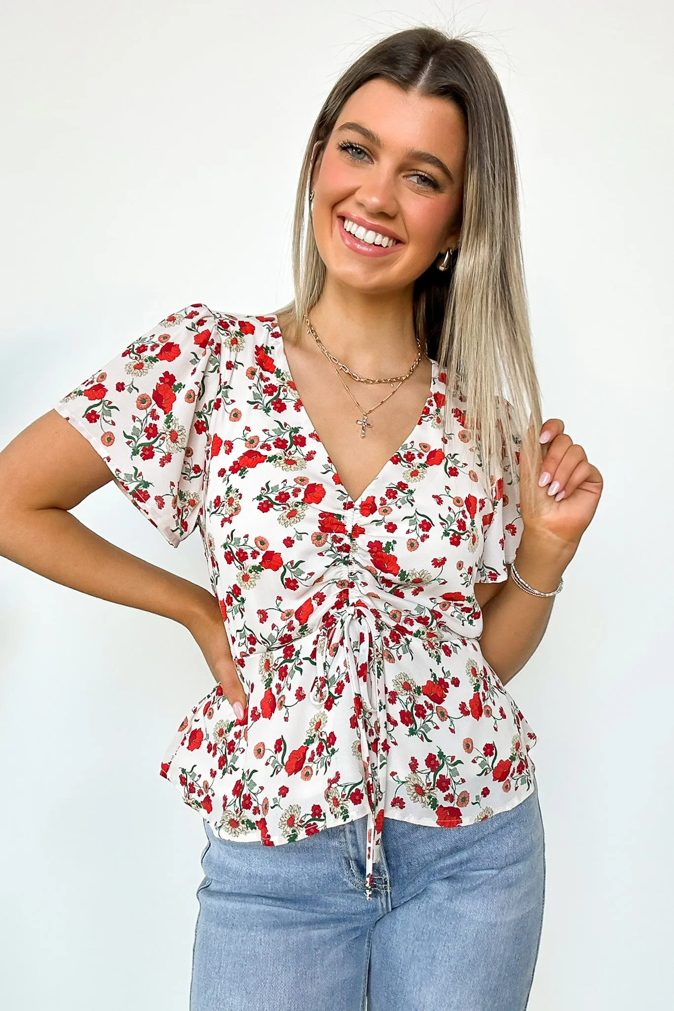 Season of Blooms V-Neck Ruched Floral Top - FINAL SALE