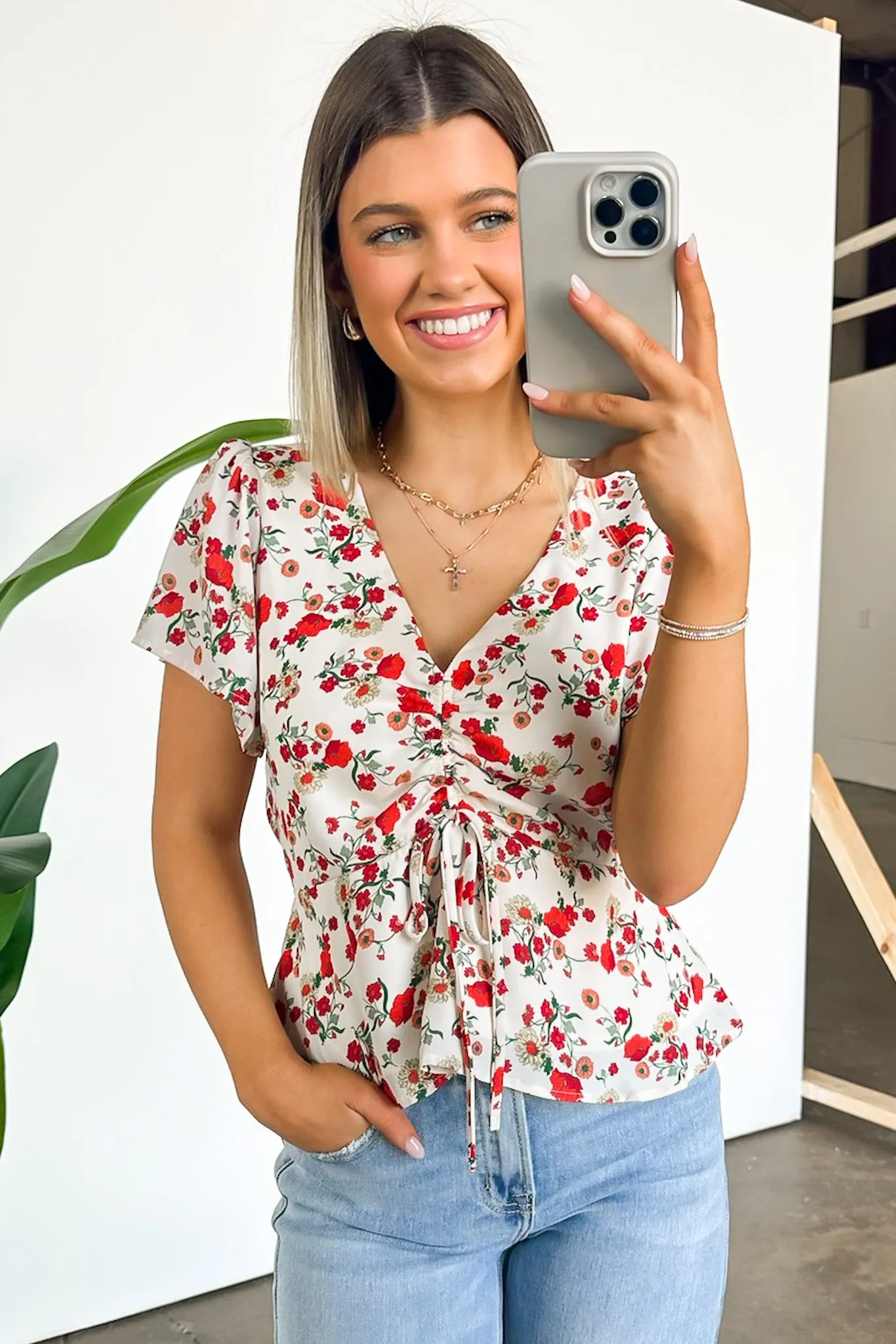 Season of Blooms V-Neck Ruched Floral Top - FINAL SALE