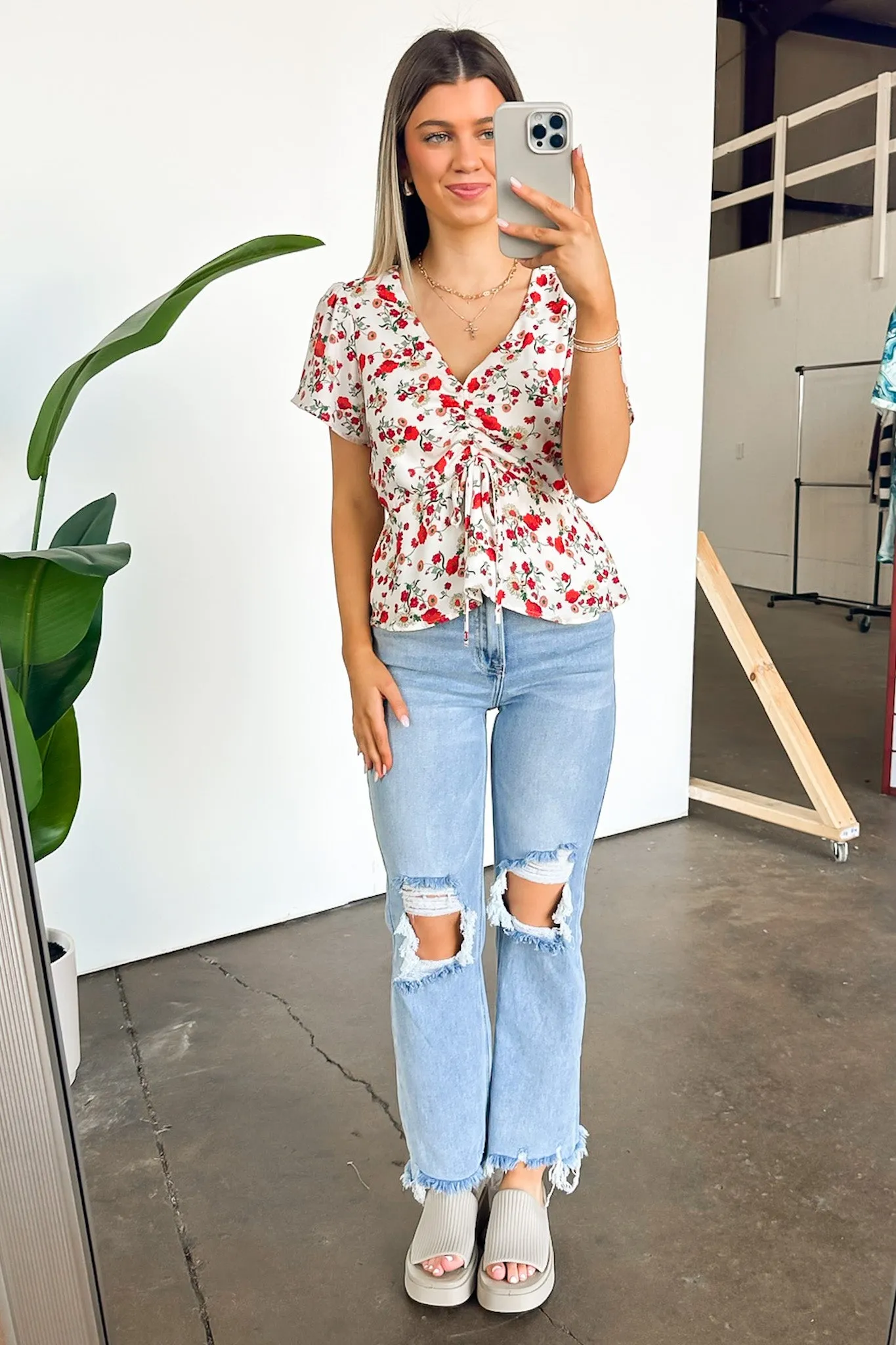Season of Blooms V-Neck Ruched Floral Top - FINAL SALE