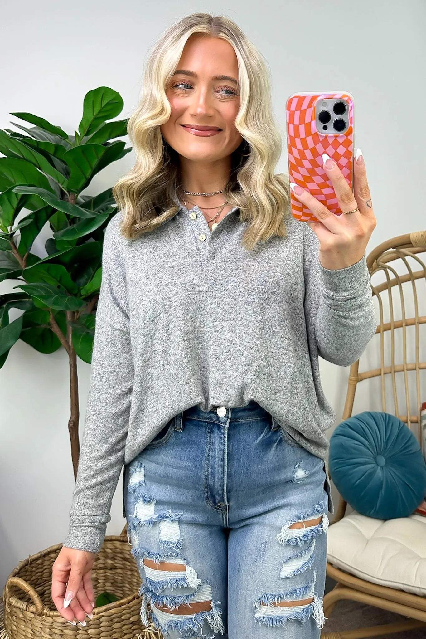 Seasonal Aesthetic Button Henley Collared Top - FINAL SALE