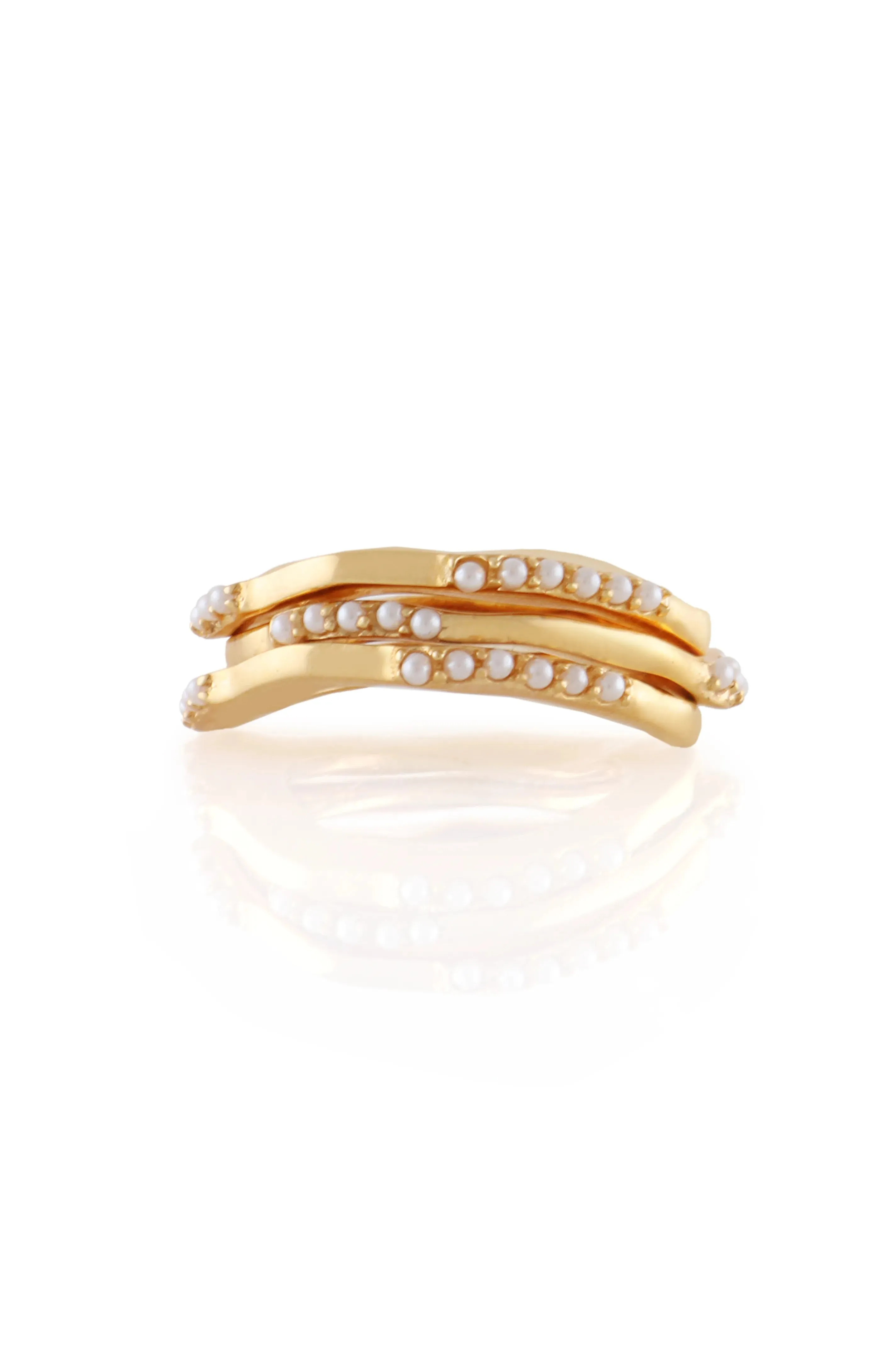 Set Of 3 Wave Gold Rings With Mini White Pearls in Size 8
