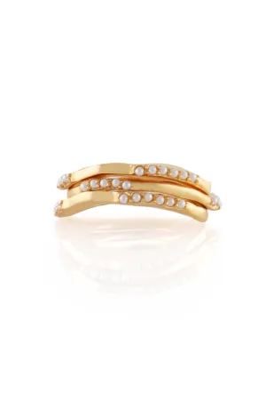 Set Of 3 Wave Gold Rings With Mini White Pearls in Size 8