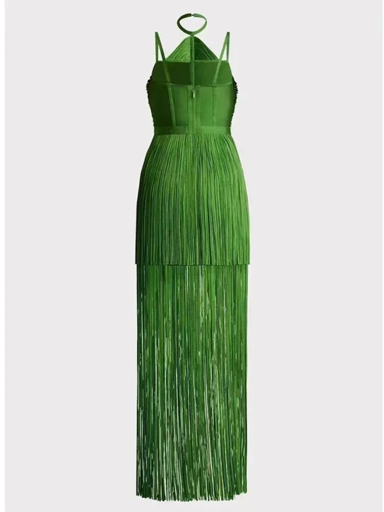 Sexy Green Halter Tassel Bandage Long Dress Anna Kay Co