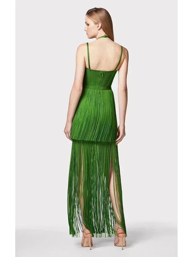 Sexy Green Halter Tassel Bandage Long Dress Anna Kay Co