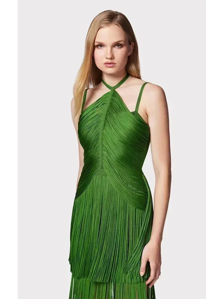 Sexy Green Halter Tassel Bandage Long Dress Anna Kay Co