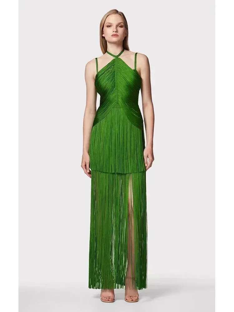 Sexy Green Halter Tassel Bandage Long Dress Anna Kay Co