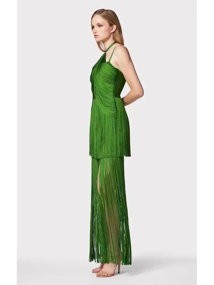 Sexy Green Halter Tassel Bandage Long Dress Anna Kay Co